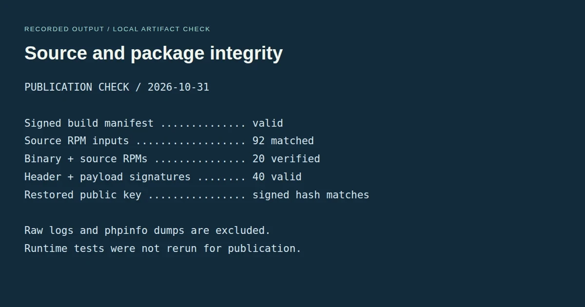 Verified source RPM inputs and package signatures for the CentOS 7 PHP build.