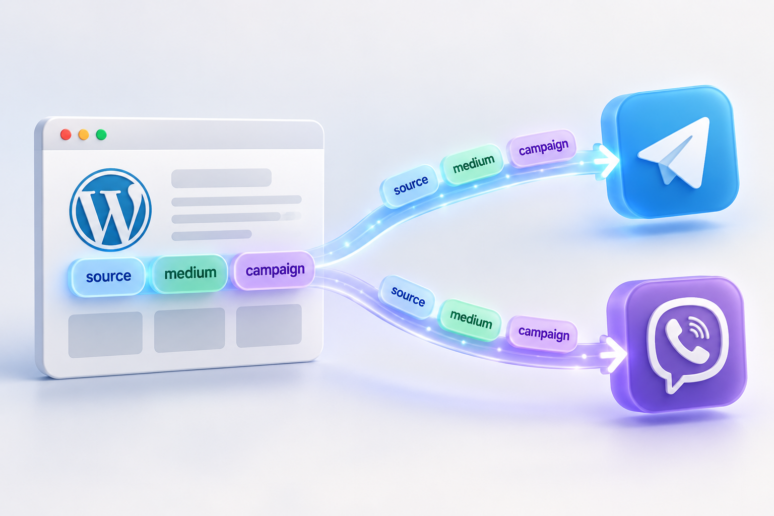 Illustration of source, medium and campaign tags travelling from a WordPress website to Telegram and Viber.