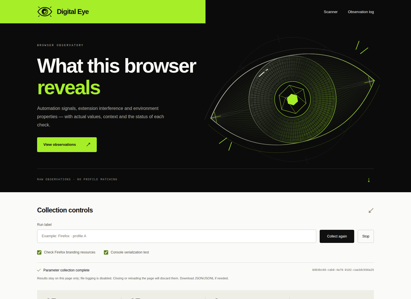 Digital Eye's browser observatory with its wireframe eye, collection controls and scan status.