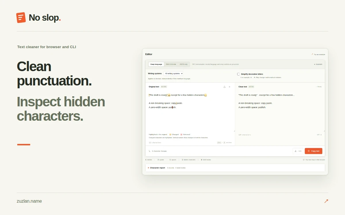 No slop text cleaner cover with the real browser editor showing original text, highlighted changes and cleaned output.